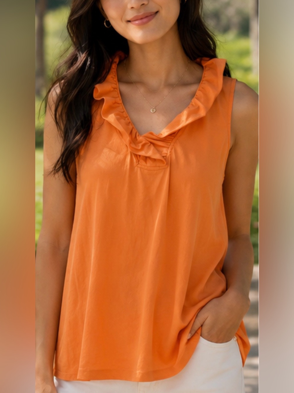 Lulu-B Orange Sleeveless Ruffle Neck Performance Tank Sporty Travel Size Medium